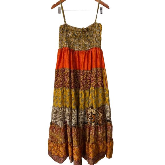 None and/or Unknown Dresses & Skirts - 100% Silk Tiered Patchwork Maxi Dress Smocked Orange Yellow Paisley Boho Indian
